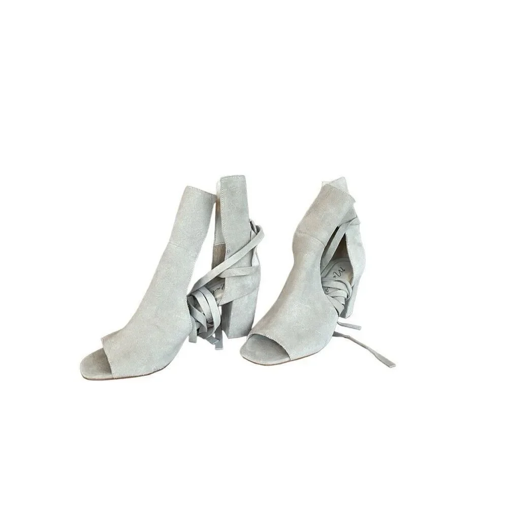Matisse Womens Gray Suede Ankle Ties Peep Toe Block Heel Sandal Size 9M